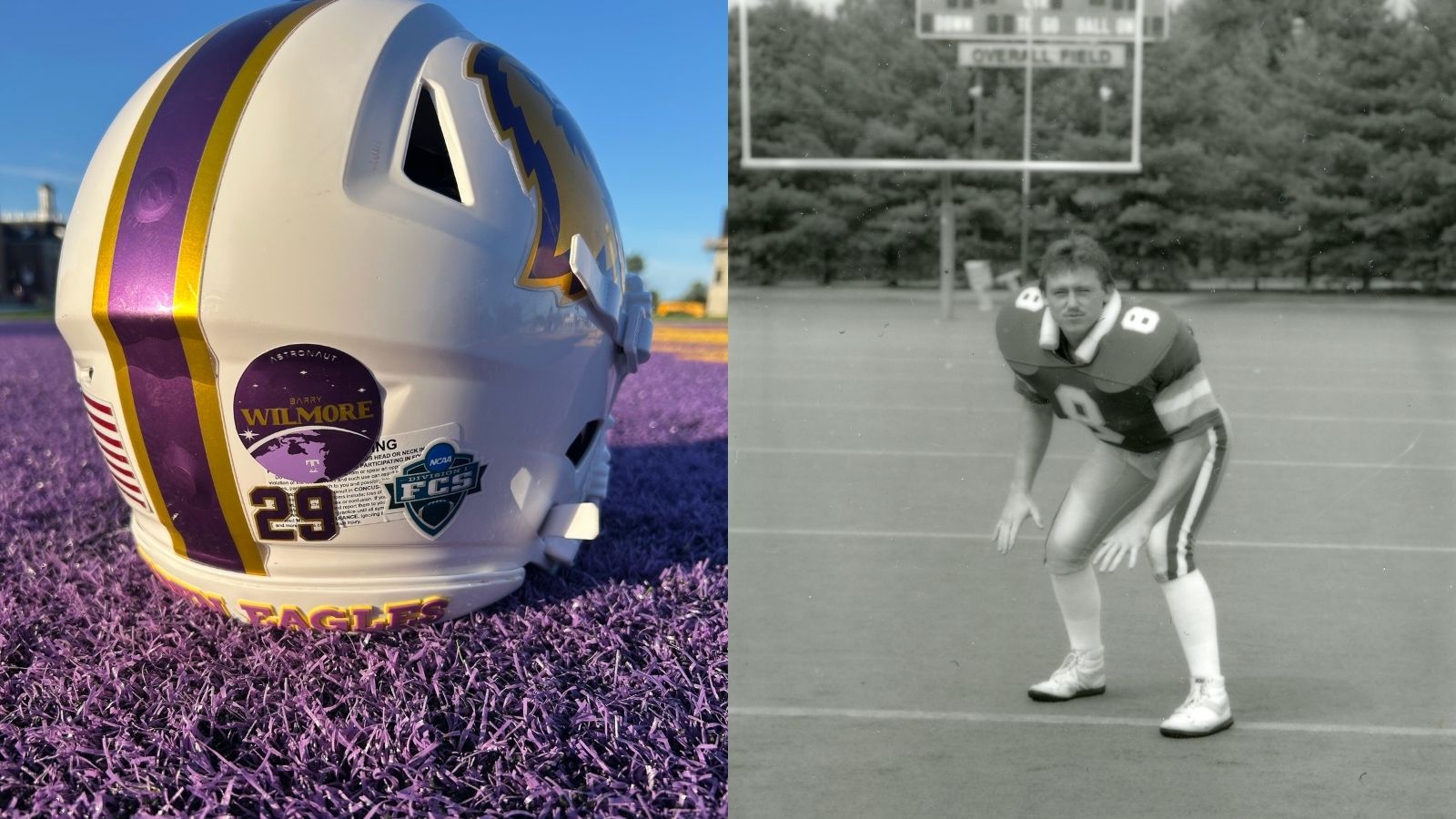 A purple and white football helmet beside a black-and-white photo of Wilmore.