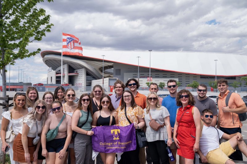 Students outside athletic center in Madrid
