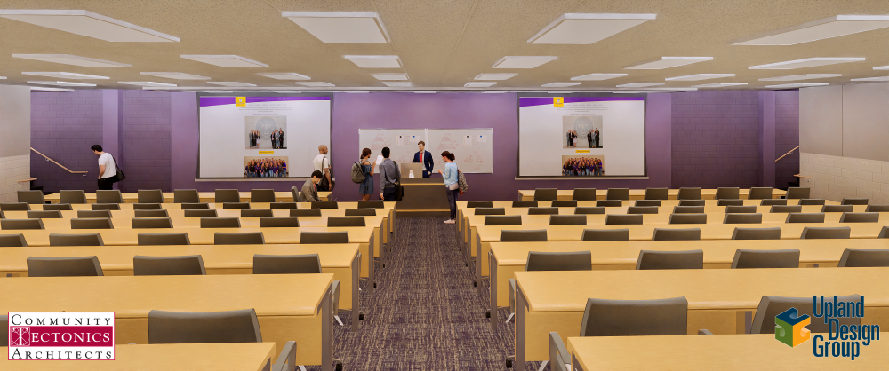 Rendering of the renovated Johnson Hall lecture hall, showing tiered seating, long desks, and two projection screens at the front.