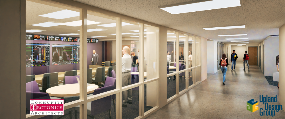 Rendering of a renovated Johnson Hall corridor with glass-walled classrooms and students walking through the hallway.