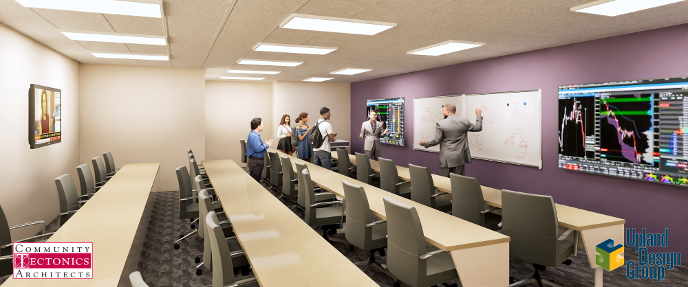 Rendering of a renovated Johnson Hall classroom with tiered desks, a purple accent wall, whiteboards, and large digital display screens.