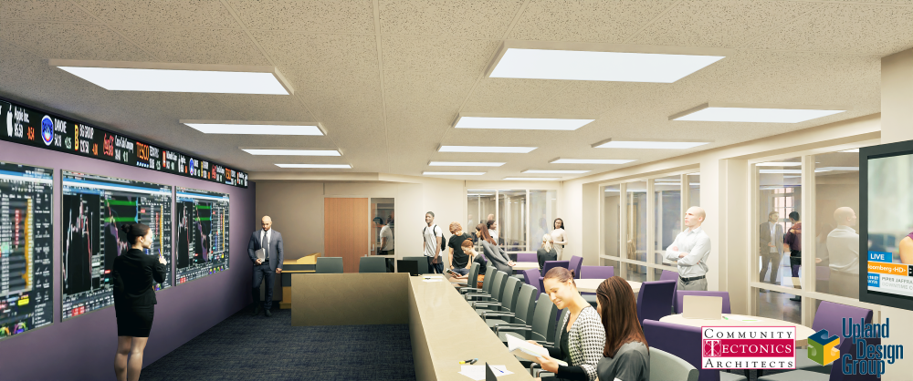 Rendering of a renovated Johnson Hall trading room with tiered seating, large data display screens, and glass-walled spaces.