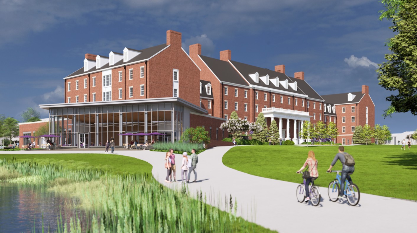 Architect's rendering of Innovation Center Residence Hall, view from northeast.