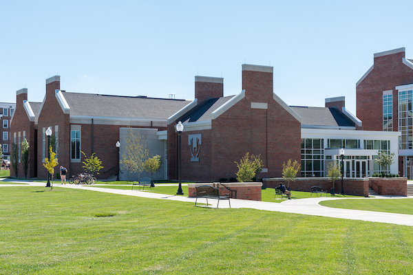 Northeast view of Stonecipher Lecture Hall leading to the Lab Science Commons quad. 