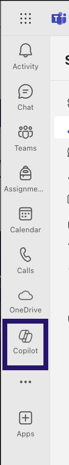Screenshot of Microsoft Teams side bar menu with Copilot highlighted.