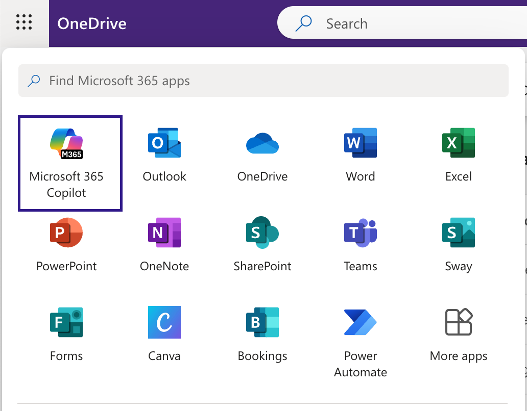 Screenshot of OneDrive window with Microsoft 365 Copilot selected from three dot menu.