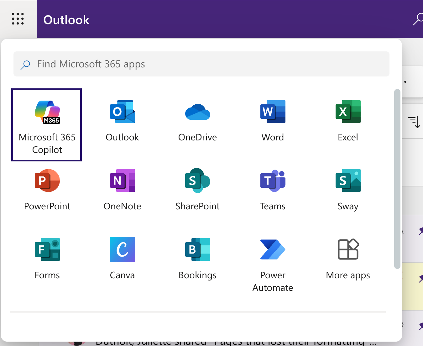 Screenshot of Outlook window with Microsoft Copilot selected from within the three dot grid in the upper left-hand corner. 