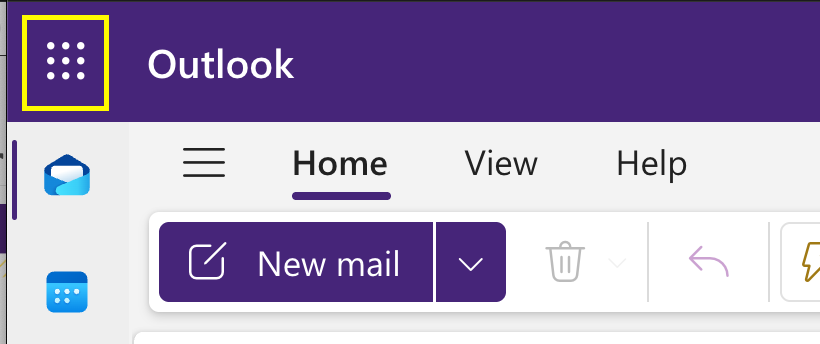 screenshot of Outlook window with three dot grid in upper left-hand corner highlighted. 