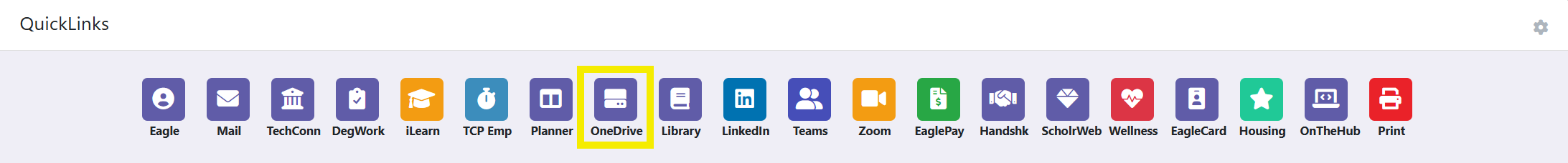 Screenshot of TechExpress Quicklinks menu with OneDrive icon highlighted. 