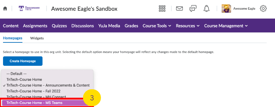 Active Homepages Dropdown Menu