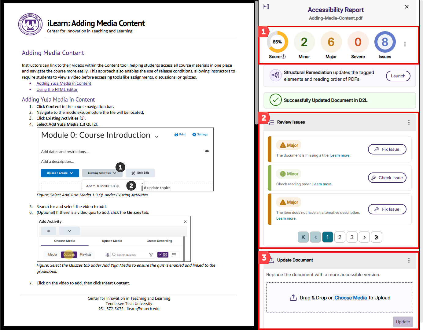 Screenshot of Accessibility Report panel within D2L course. 