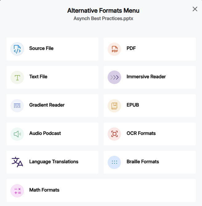 student view of alternative formats