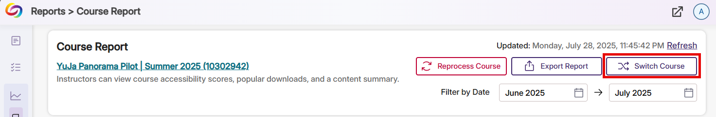 screenshot of switching courses within course report