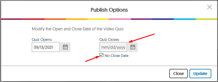 Enter start and end dates for the quiz