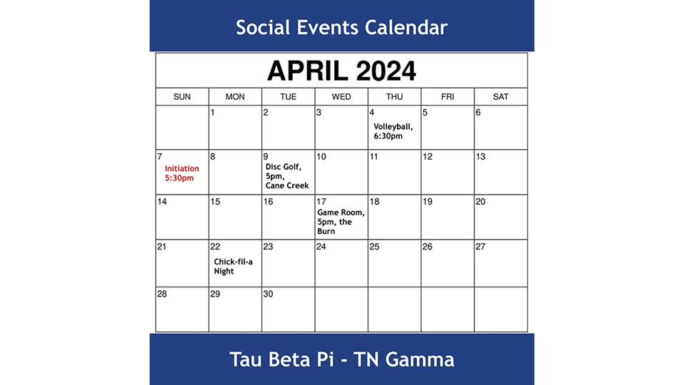 Tau Beta Pi social events scheduled for April 2024