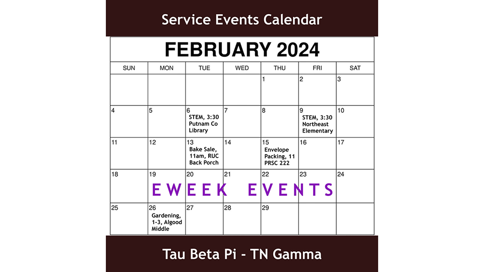 Tau Beta Pi service events scheduled for February 2024