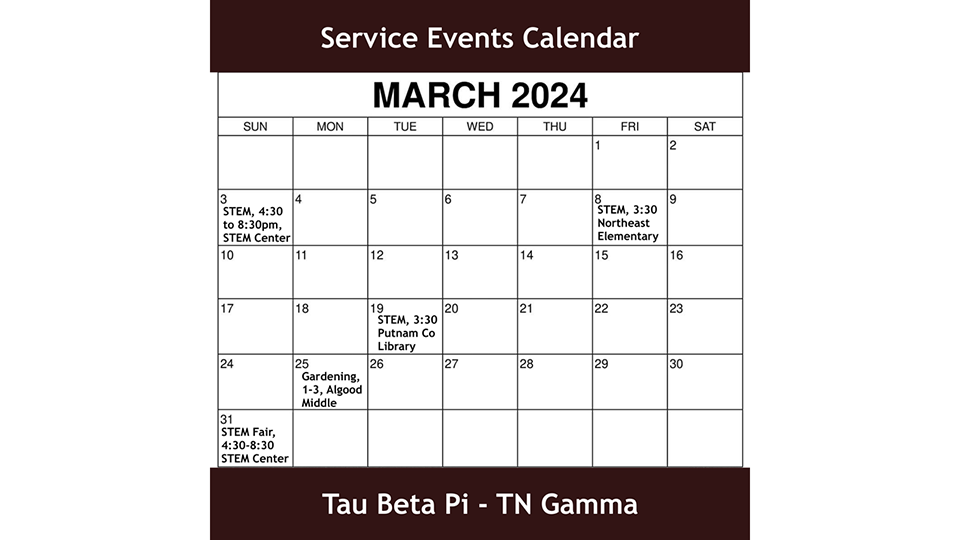 Tau Beta Pi service events scheduled for March 2024