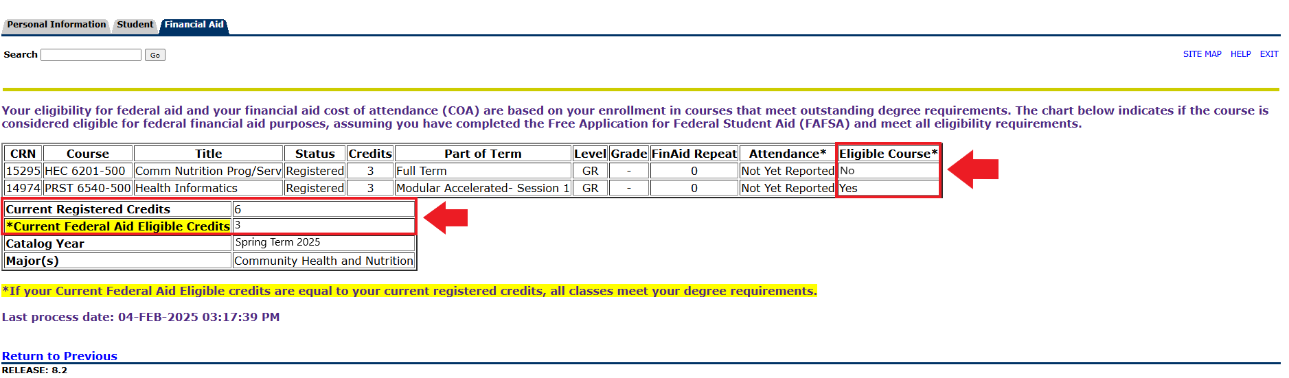 Check your courses to make sure they count towards your CPoS. If you have a course that does not count, under Eligible Course there will be a No listed next to that course's information.