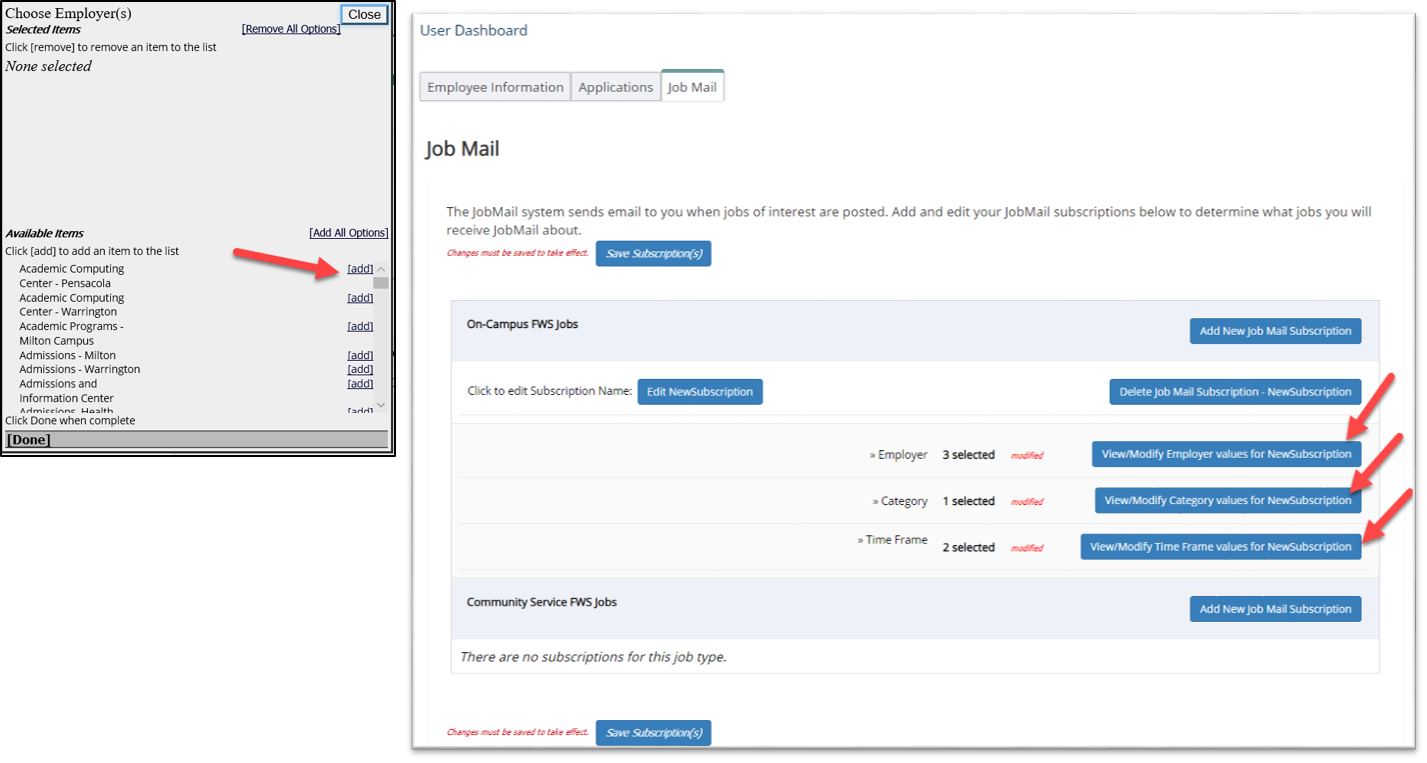 Selecting Criteria for JobMail screens