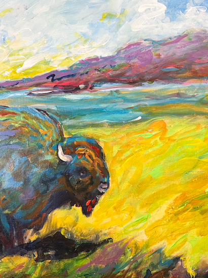 Exhibition poster with painting of buffalo