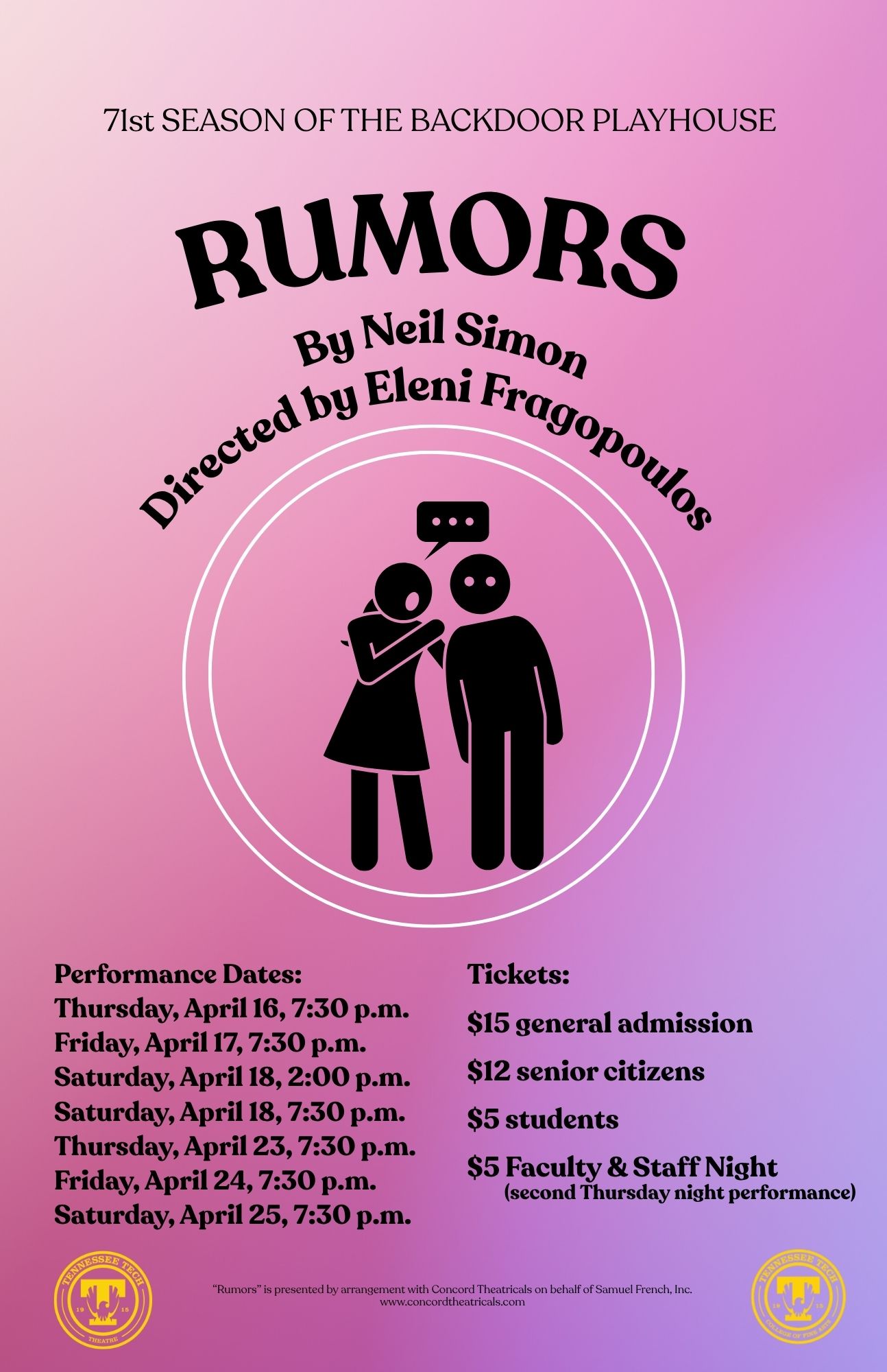 Rumors Rumors poster, By Neil Simon, Directed by Eleni Fragopoulos, Date April 2026