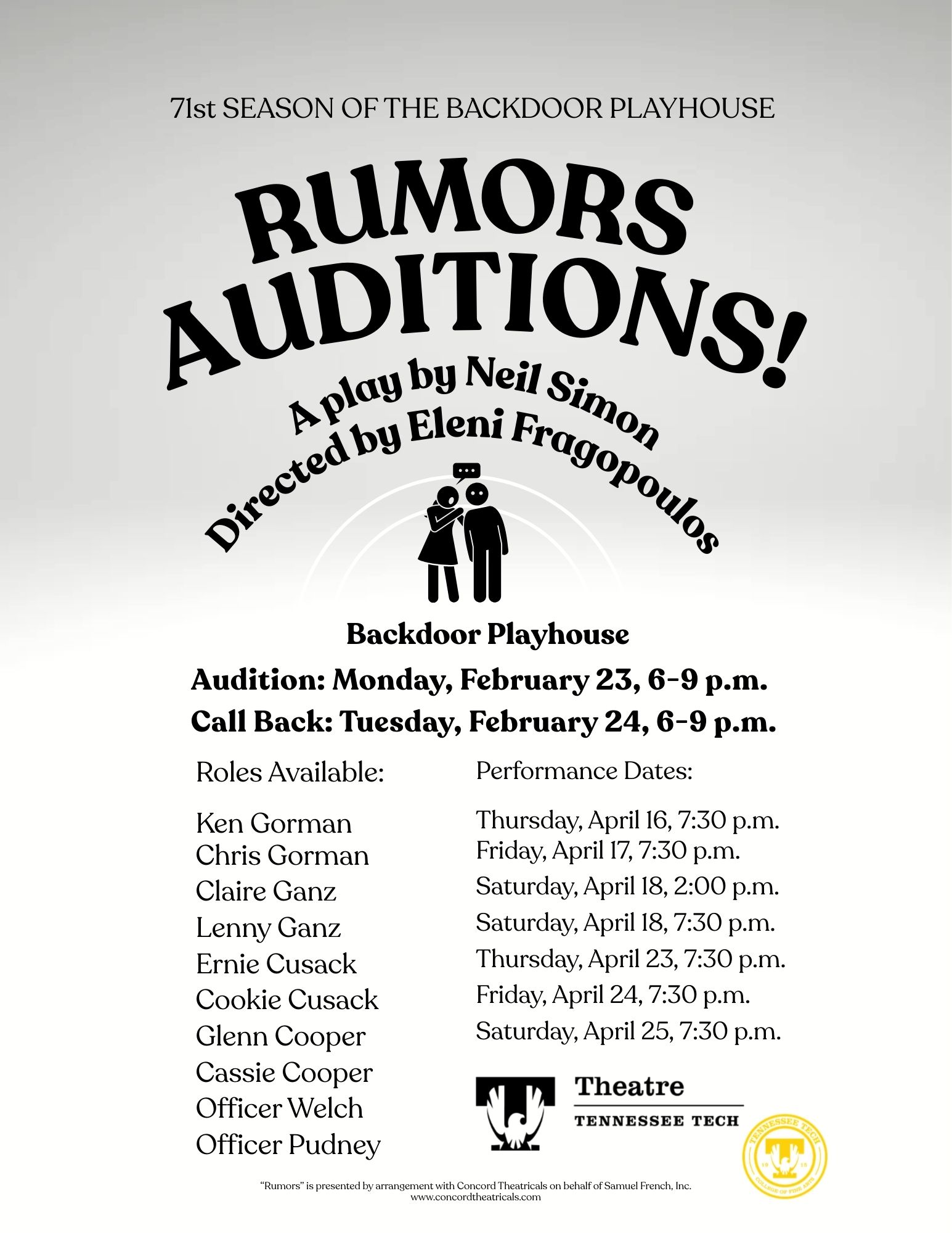Audition: Monday February 23, 2026  Audition Time: 6:00 – 9:00 p.m. Audition Location: The Backdoor Playhouse