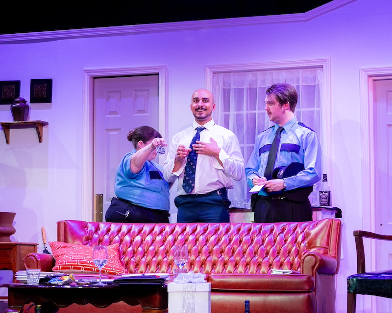 Perry RogeGabe tardy, Landon Plemons and Jaden Mullins cast of Rumors on stage at the Backdoor Playhouse