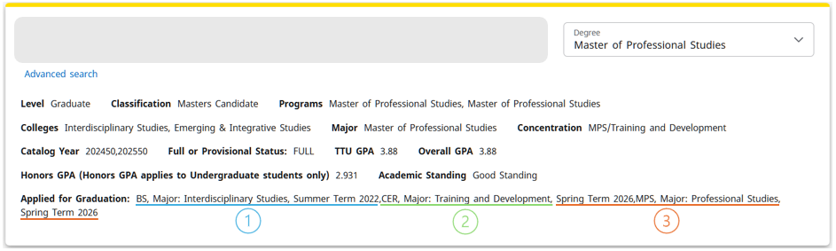 Screenshot of a Degree Works record listing three programs that the student has applied to graduate from.