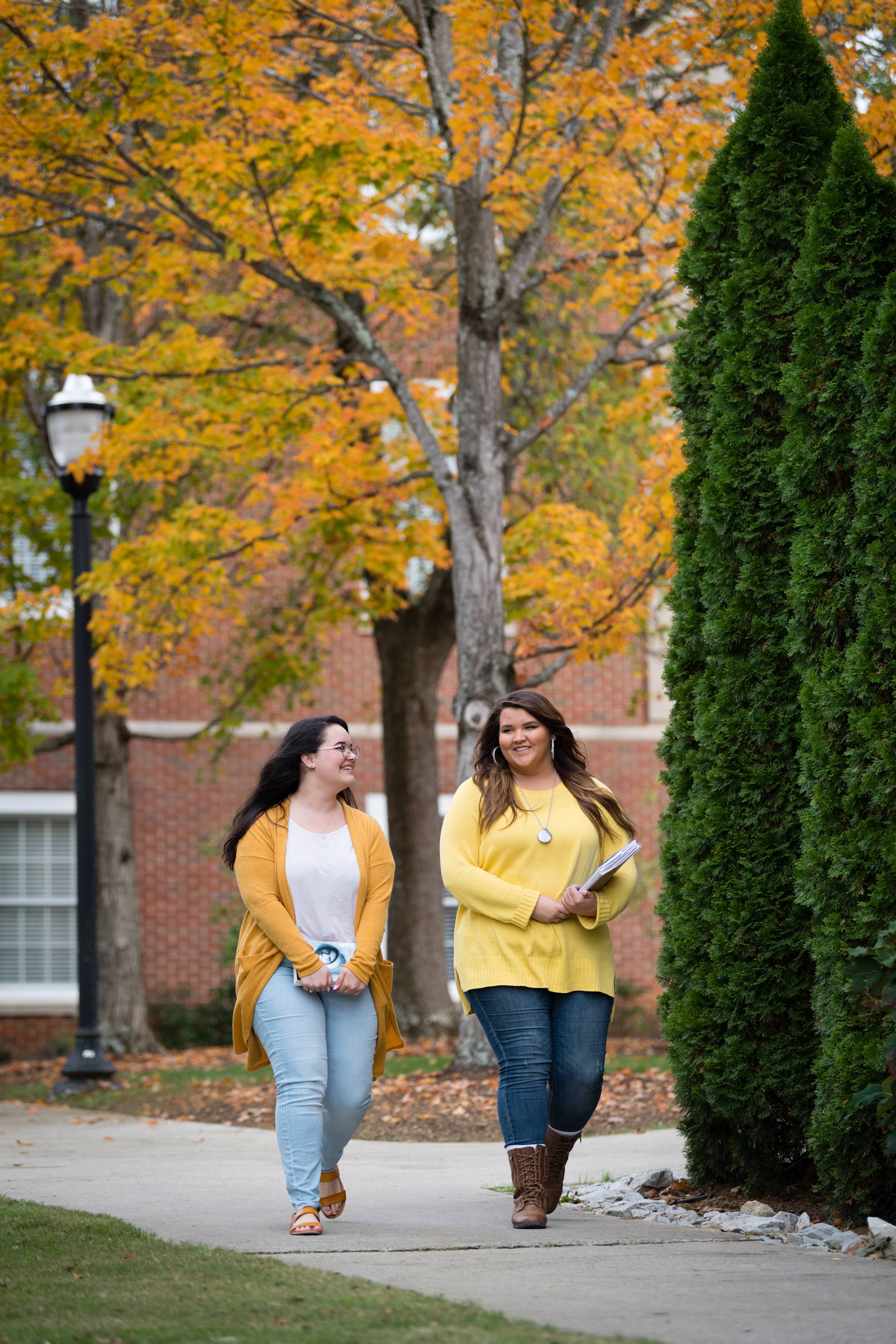 Women walking Two women walking in the fall color