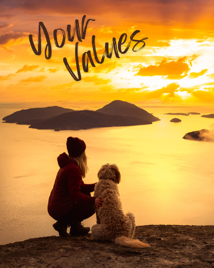 Your values Woman with dog on mountain facing a sunset over water.