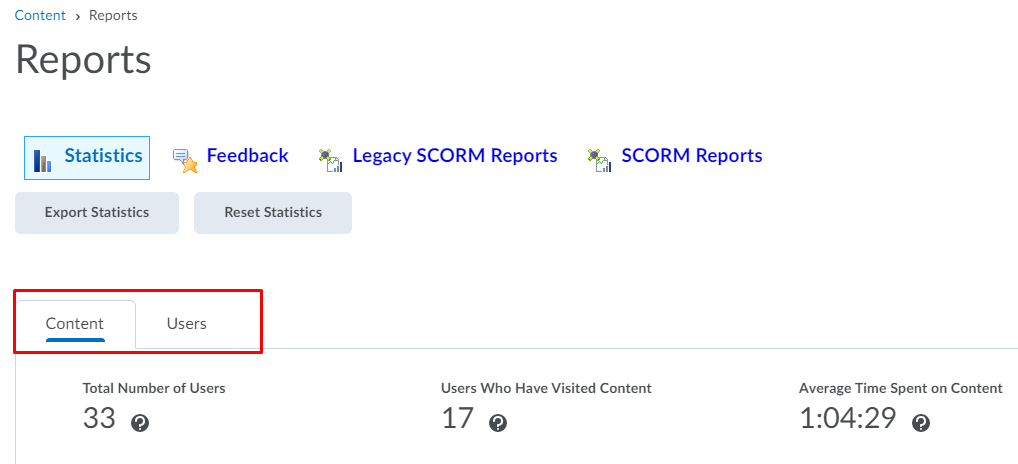 Content Tab and User Tab in Content Stats