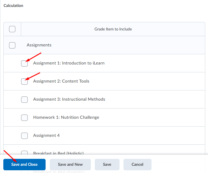 Select items to include in Midterm grade