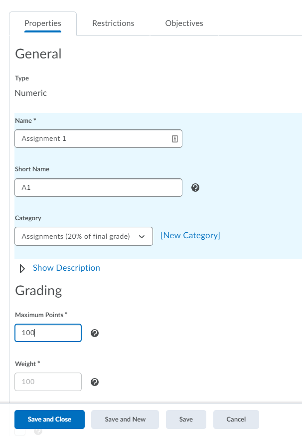 Create a grade item