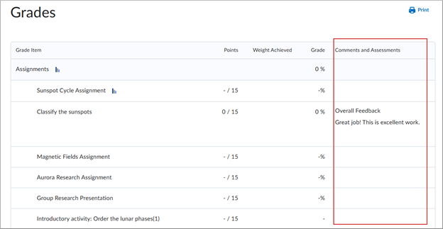 Figure: Comments and Assessments column now appears consistently to learners in Grades. Student view of Comments and Assessments column In Grades.