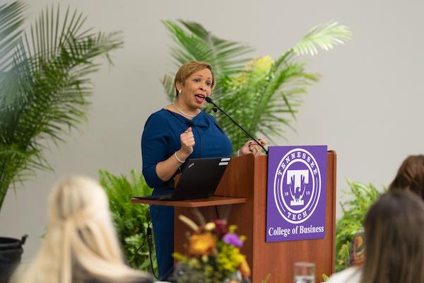 2019 women's conference, speaker talking to attendees