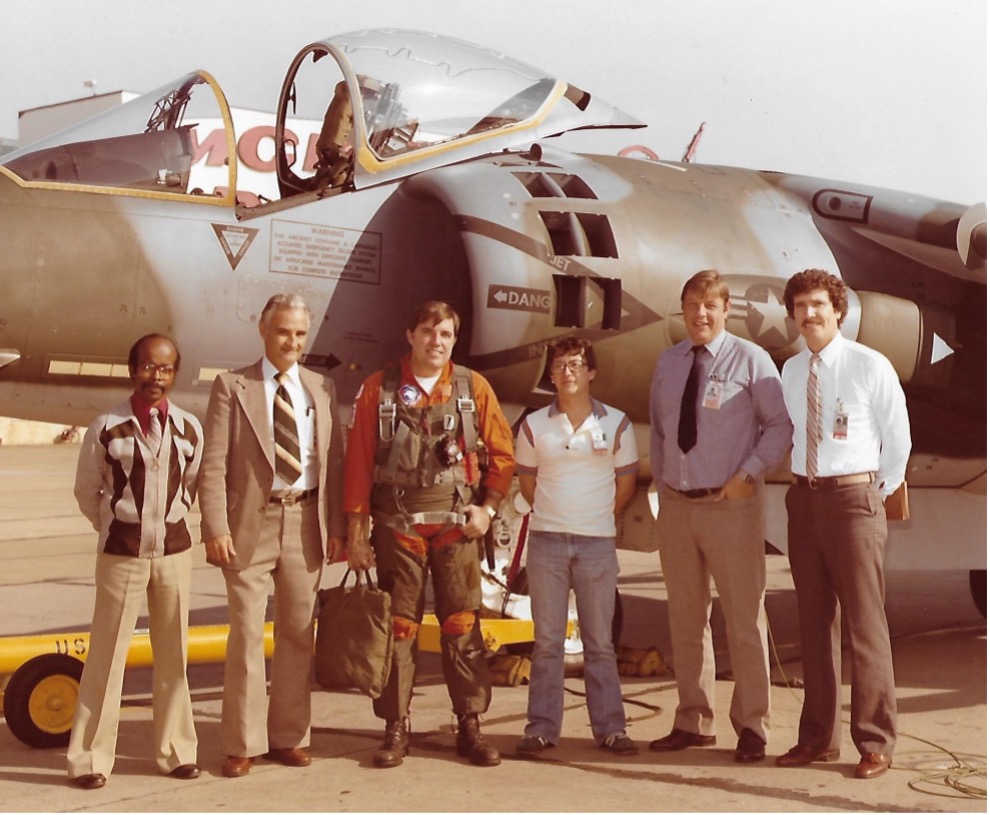 Harrier II First Flight. The two on the left were Flight Test Engineers; Project pilot Charlie Plummer, Power System Engineer, BAE Engineer, William Panter
