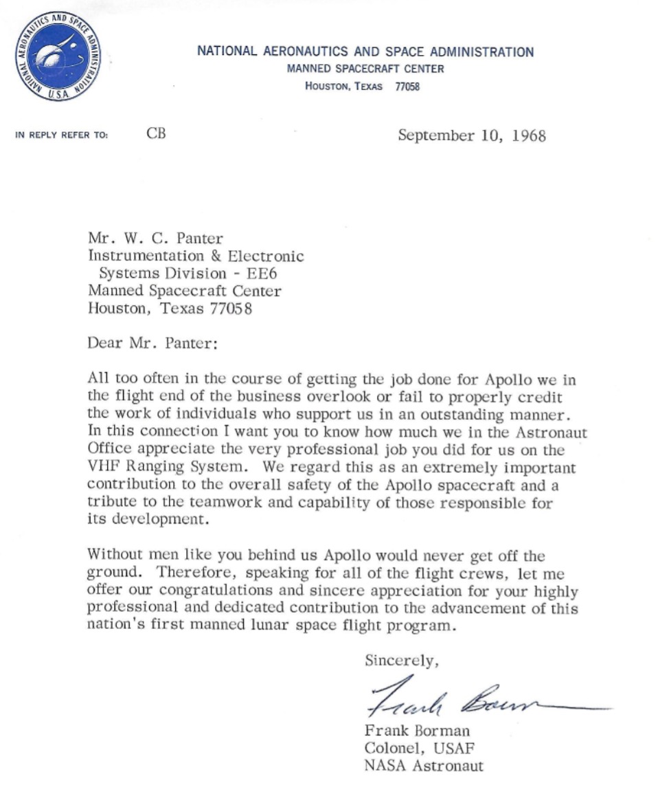 A letter to Bill Panter from Frank Borman thanking him for his dedication to the Apollo program.