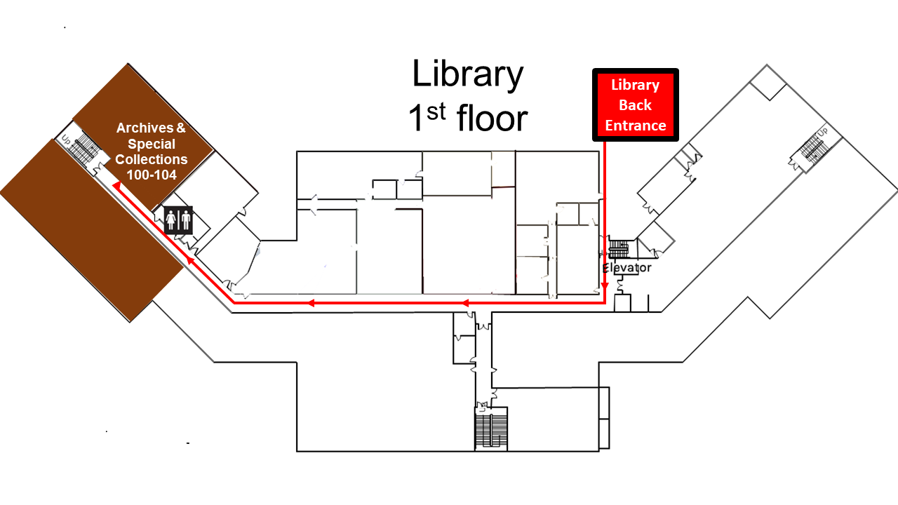 Floor diagram showing the location of Archives on the bottomw (first) floor of the library in A wing