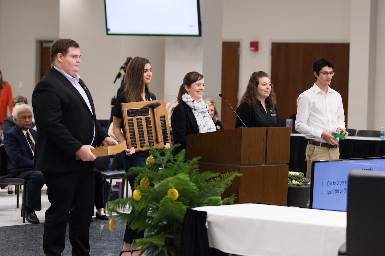 Associate Professor Jeanette Wolak (center), along with Tech students, provided the board with information about Tech’s Geoclub, a student organization devoted to the geosciences. The club recently won first place in the 36th Annual GeoConclave, a geological competition among Tennessee colleges. Tech has won the championship 19 times, which is more than any other university in the state.