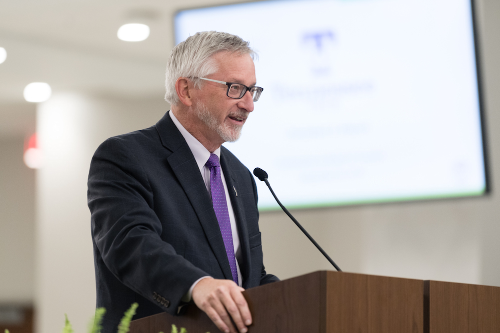 Tennessee Tech president Phil Oldham gives his report during Tech's Board of Trustees meeting on Tuesday afternoon.