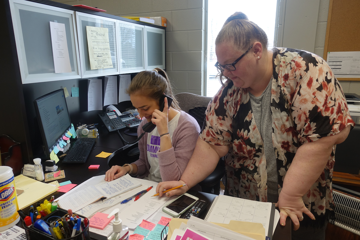Tennessee Tech’s Michelle Huddleston, the assistant director of the service learning center, and Hannah Phillips, a junior nursing major from Franklin, have been volunteering at the Cookeville Community Center since Tuesday morning.