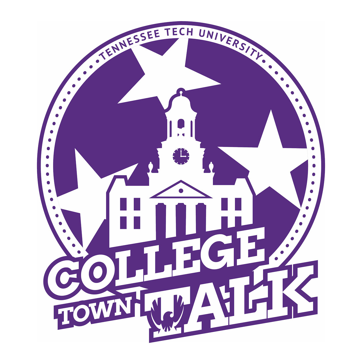 The logo for College Town Talk pays tribute to Tech’s Derryberry Hall and the Tennessee tri-star symbol. 