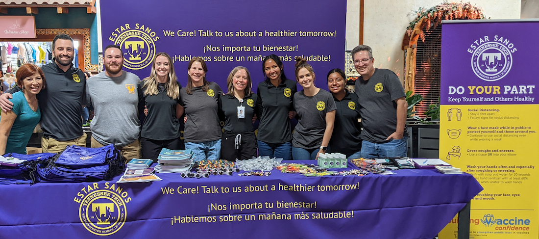 Members of the ESTAR Sanos team. From left: Luisa Groundland, event volunteer; school of nursing graduate assistants Trevor Eason, Taylor Blanton, and Tai Hintz; Professor Melissa Geist, Lab Coordinator Cary Cass; students - Liezl Laurel, Camila Canalejo Medina, and Esmeralda Francisco-Moreno; and Associate Professor Mark Groundland.