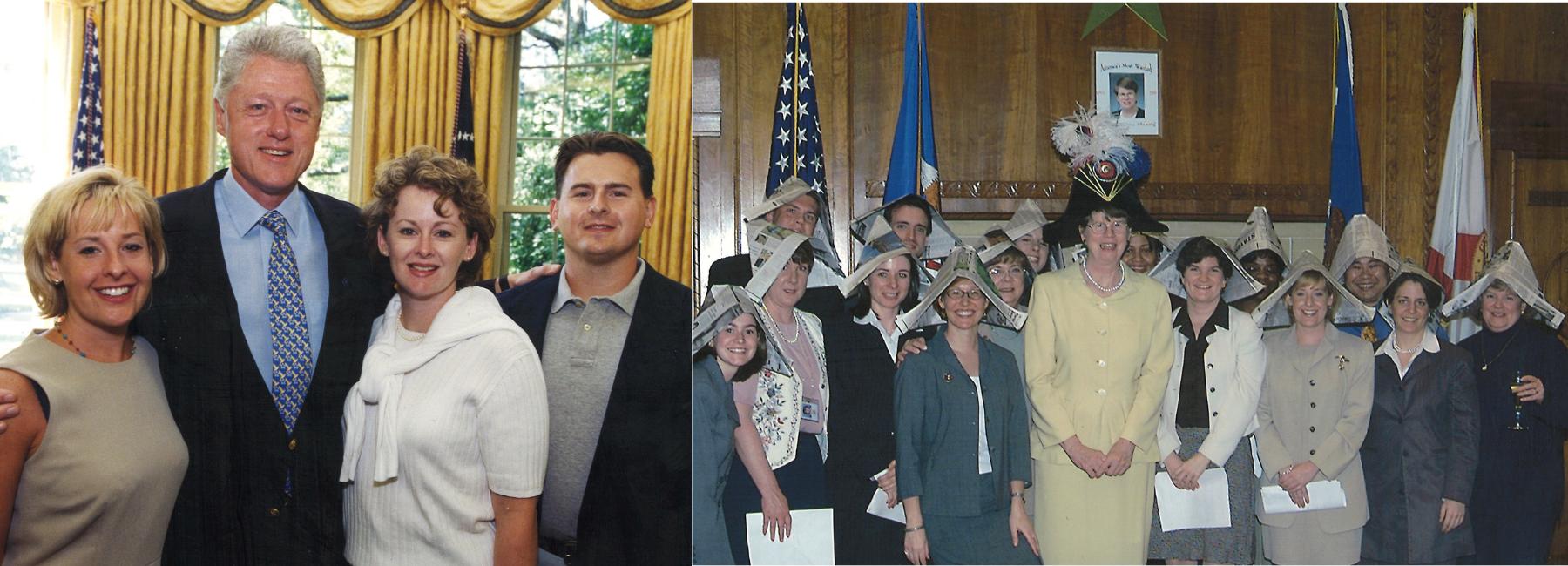 Left: Montgomery is photographed in the Oval Office with President Bill Clinton, sister-in-law Kelly Montgomery and brother James Montgomery. Right: U.S. Attorney General Janet Reno poses for a humorous group photo on her birthday with members of her staff. Montgomery is pictured on the front row, third from right.  