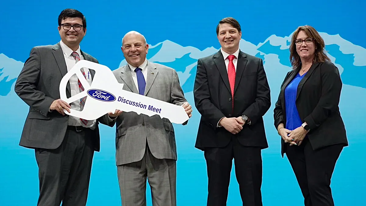 From left: Tennessee Tech alumnus and discussion meet winner Matthew McClanahan, American Farm Bureau Federation President Zippy Duvall, Young Farmers and Ranchers Chair Matt Fimon, and Ford account supervisor Melissa Bufford. Photo credit: AFBF Photo/Michael LoBiondo. 