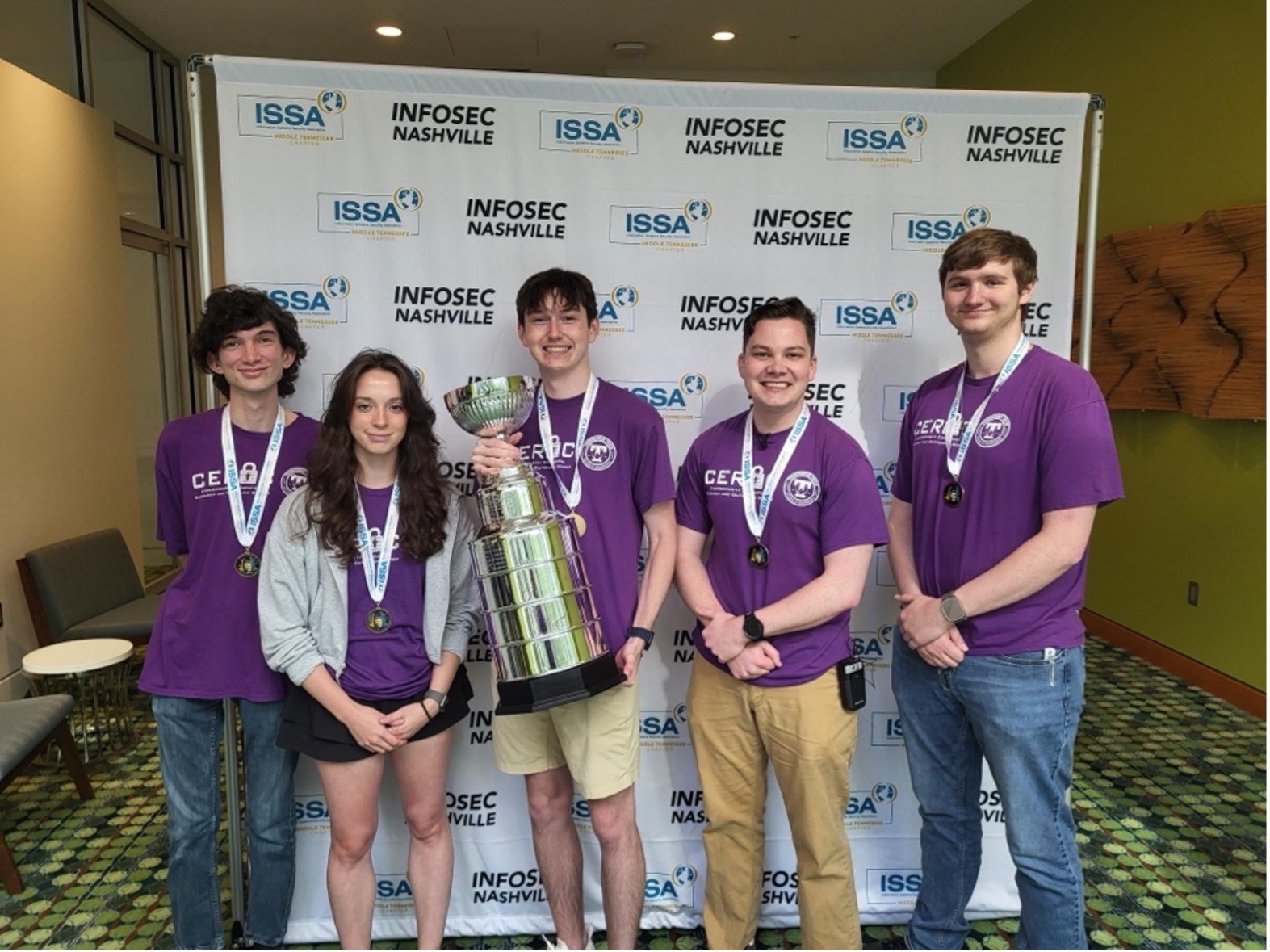 Students from Tennessee Tech’s Cybersecurity Education, Research and Outreach Center (CEROC) pictured with their first-place prize at the 2024 InfoSec Nashville capture the flag competition. From left: Lance Young, Addison Goforth, Landon Crabtree, Nate Dunlap, and Landon Byrge.
