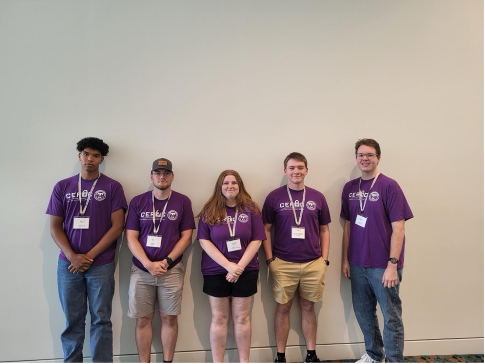  Students from Tennessee Tech’s Cybersecurity Education, Research and Outreach Center’s (CEROC) fourth place team pictured with their lanyards for the 2024 InfoSec Nashville. From left: Landon Foister, Joey Milton, Laurae Thaete, John Brentlinger, Carter Haney.