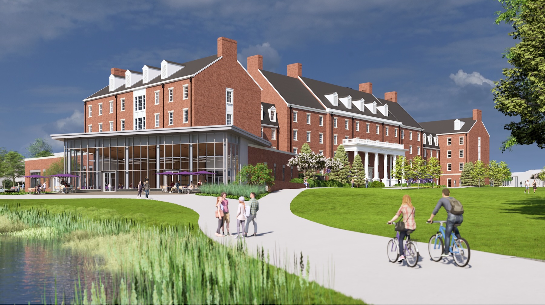 Digital rendering of the J.J. Oakley Innovation Center & Res Hall with cyclists in the foreground.