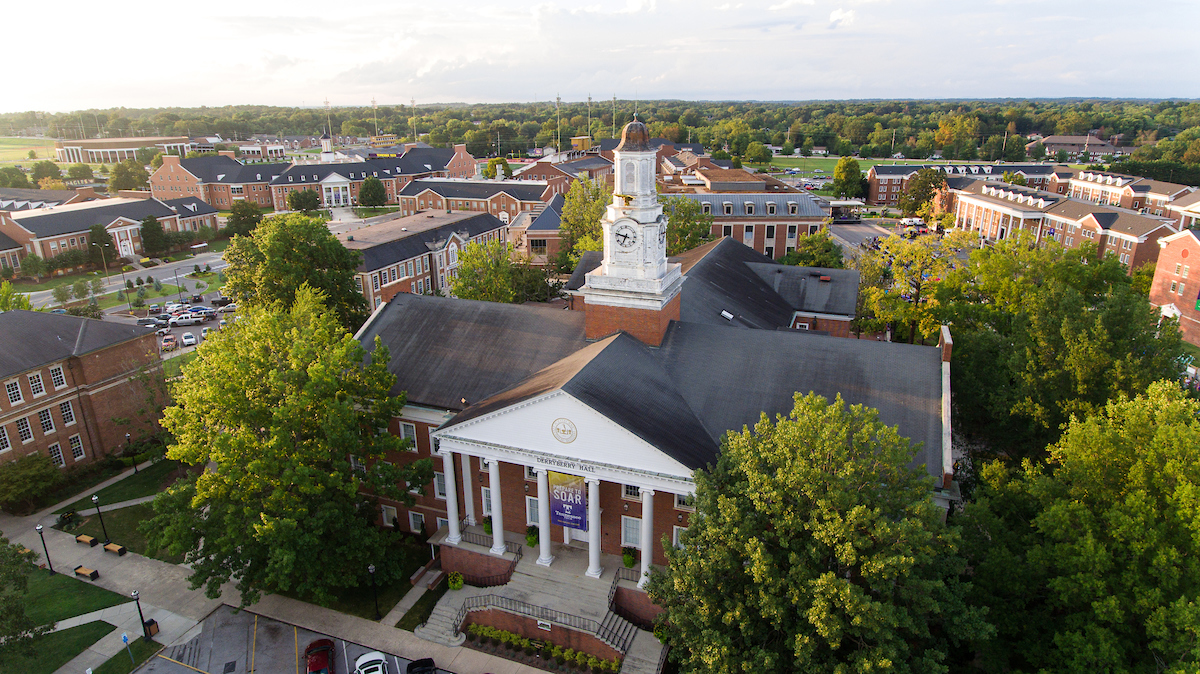 Overhead drone shot of campus with Derryberry in the foreground