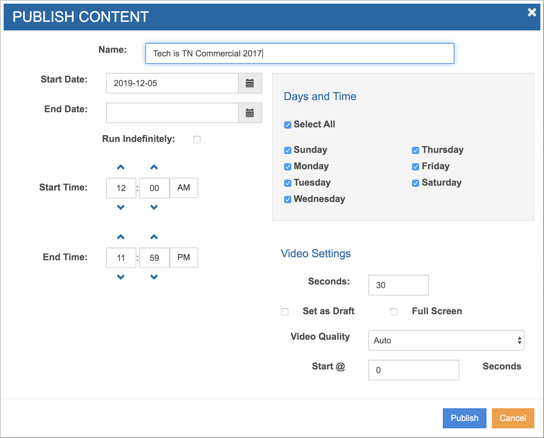 Publish Content dialog box